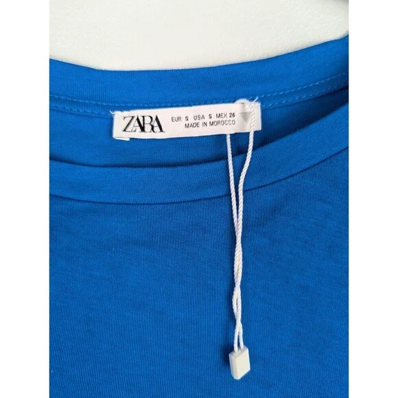 ZARA Women Cobalt Blue Exaggerated Sleeve Crop Top S Short Puff Sleeve‎ Rouched - Picture 5 of 10